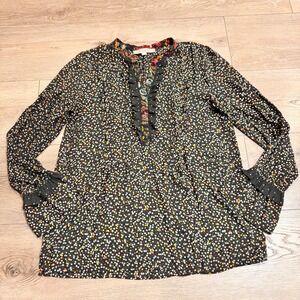 LOFT Ann Taylor‎ Floral Print Ruffle Blouse Long Sleeve Casual Top Black Small S